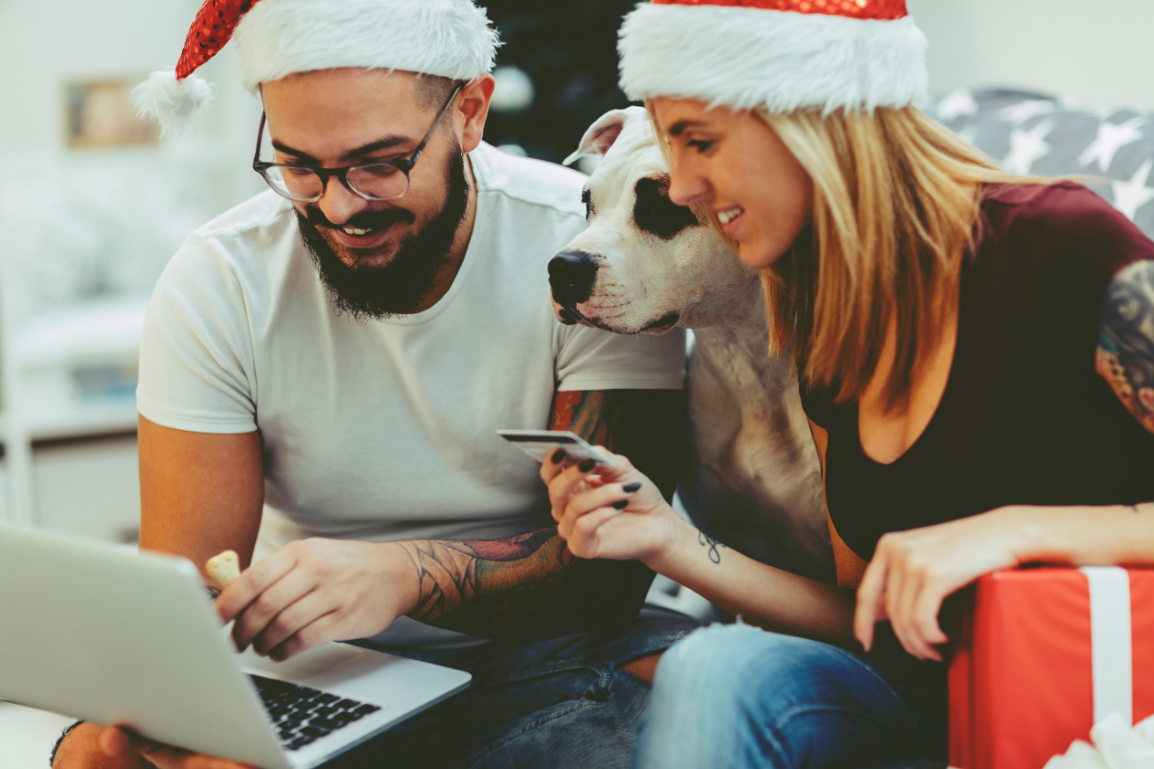 Merry Clickmas Christmas shopping online with dog