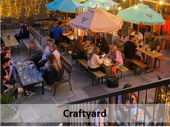 Craftyard courtyard with umbrellas and people