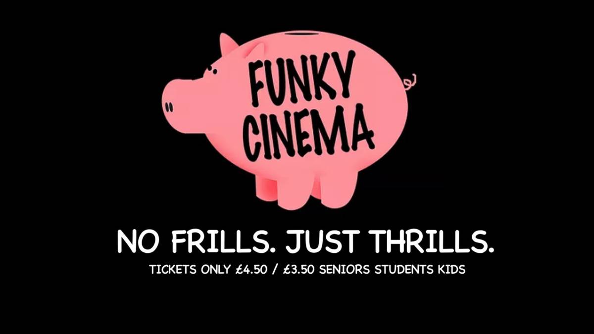 Funky Cinema. No frills. Just thrills. Black background, pink pig