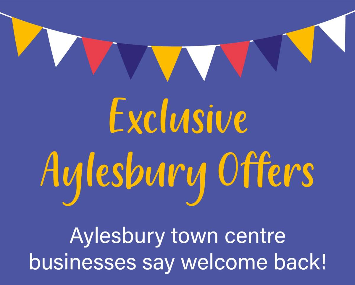 Exclusive Aylesbury Offers on blue background with yellow text and bunting